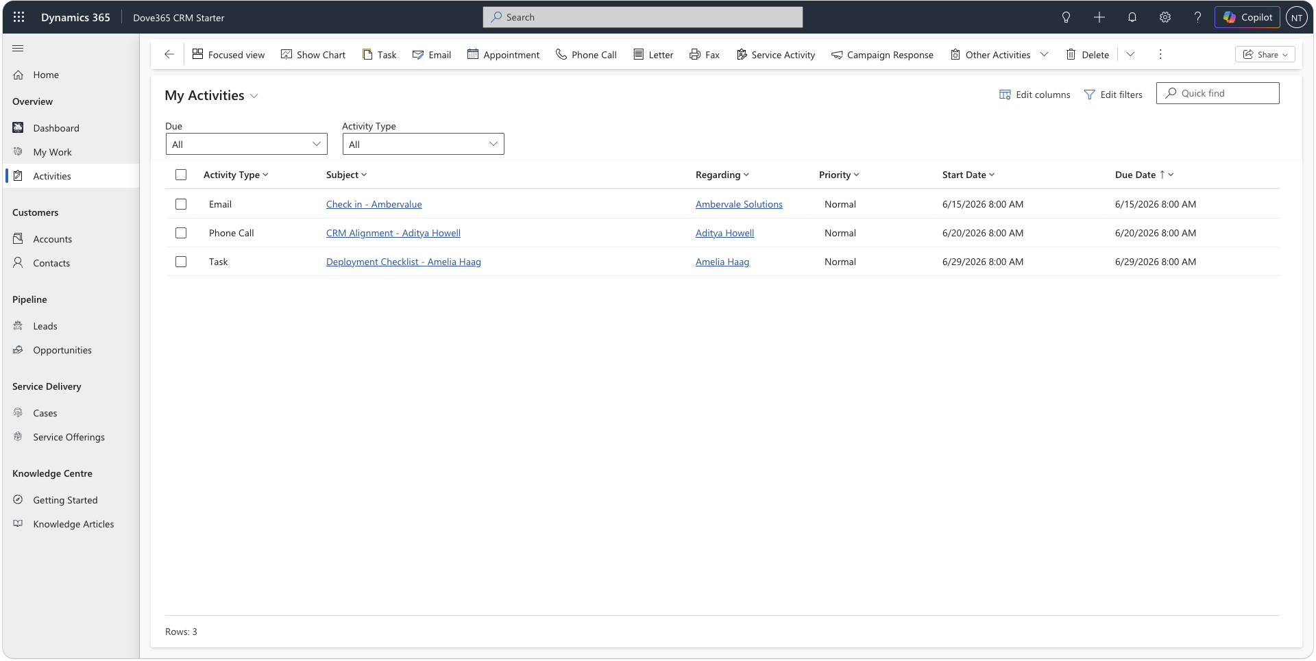Dove365 CRM Starter activities view with emails, calls and tasks