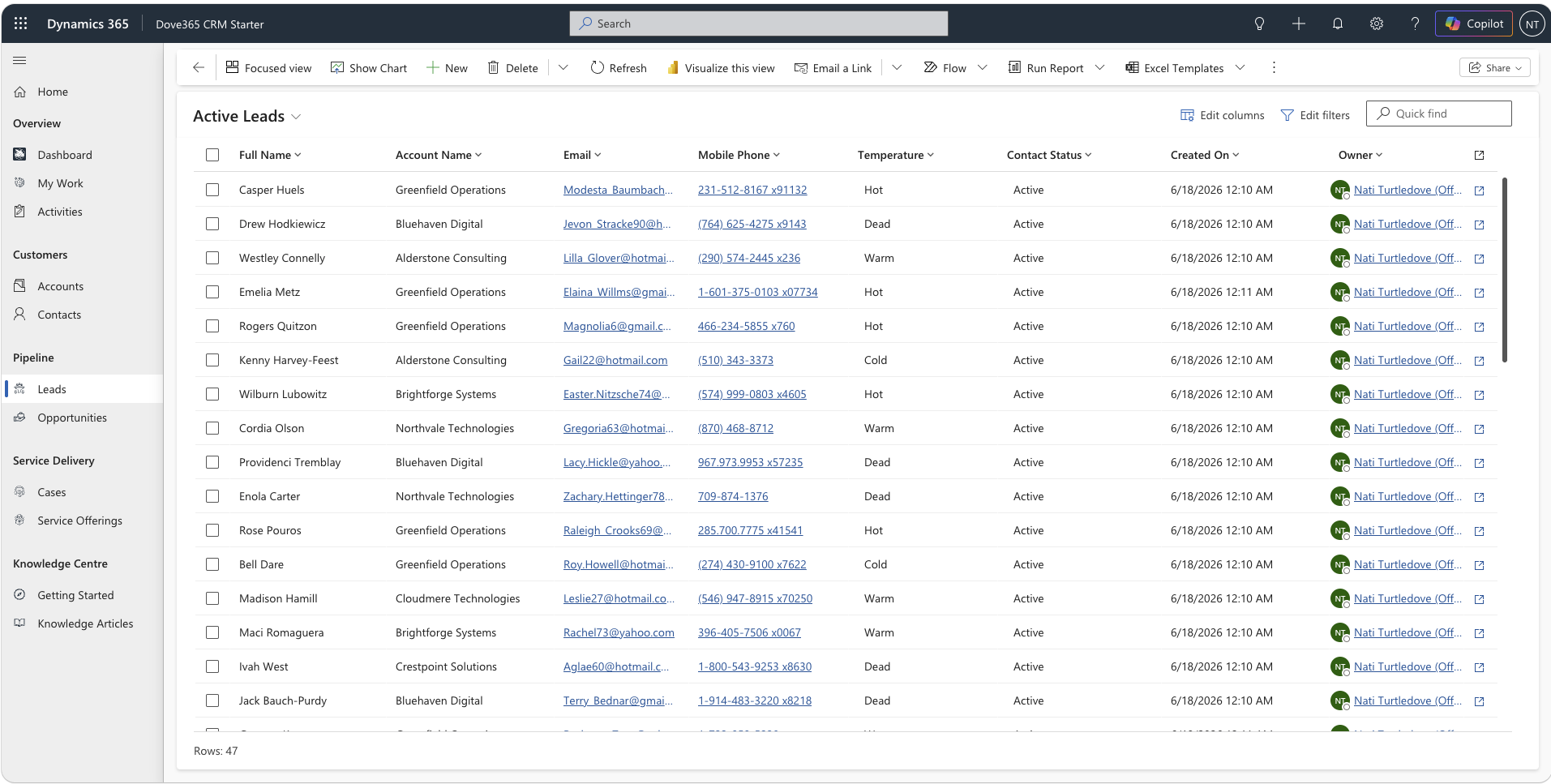 Dove365 CRM Starter leads view listing prospects with their status