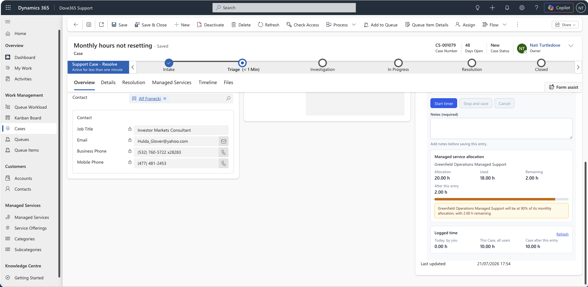 Dove365 Support case form with the time tracker and managed service allocation