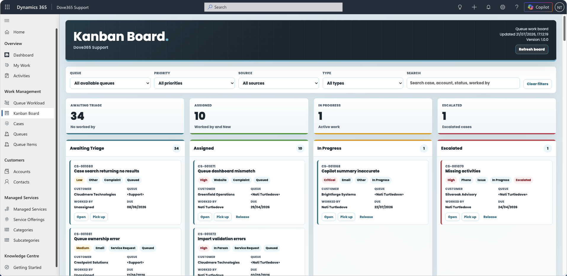 Dove365 Support Kanban board showing queue items by support state